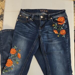 Grace in LA Dark Blue Skinny Jeans with Orange Embroidery